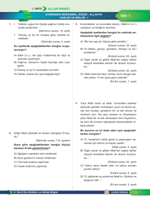 5.Sınıf Din Kültürü Yaprak Test - İLK ÖNCE YAYINLARI - 2024-25